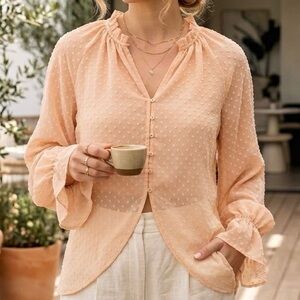 Ever New Melbourne Blush Pink Metallic Swiss Polka Dot Ruffle Blouse Coquette